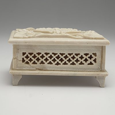Indo-Persian Carved and Pierced Soapstone Box with Peacock and Vine Motif