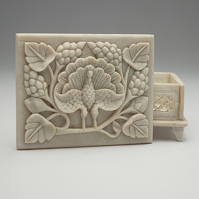 Indo-Persian Carved and Pierced Soapstone Box with Peacock and Vine Motif
