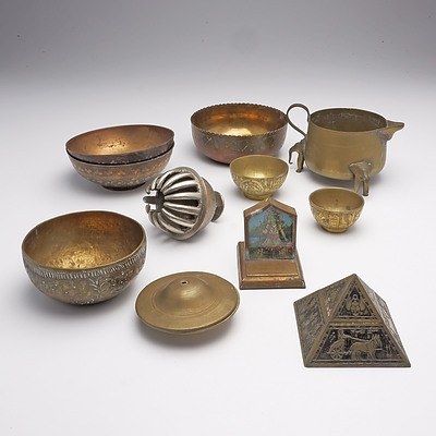 Interesting Group of Indo Persian and Egyptian Brassware Including a Pyramid Inkwell, Early 20th Century