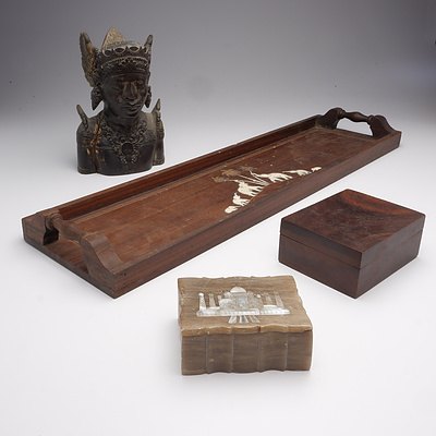 Group of Exotic Items Including Indian Teak Tray, Shell Inlaid Stone Box with Taj Mahal Motif, Indonesian Carved Ebony Bust and Larry Sawyer Box