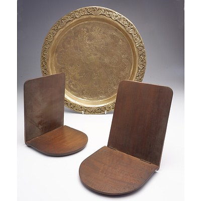 Edwardian Hand Painted Black Lacquer Shaving Mirror, Pair of Antique Mahogany Folding Bookends and a Cast and Engraved Footed Dish