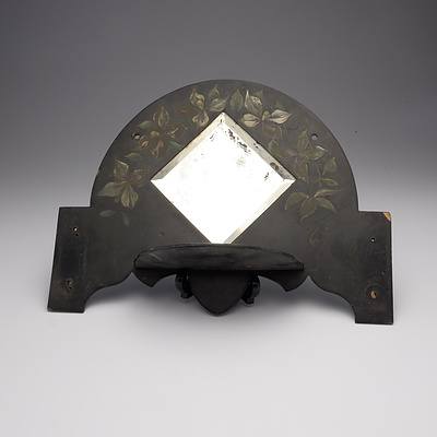 Edwardian Hand Painted Black Lacquer Shaving Mirror, Pair of Antique Mahogany Folding Bookends and a Cast and Engraved Footed Dish