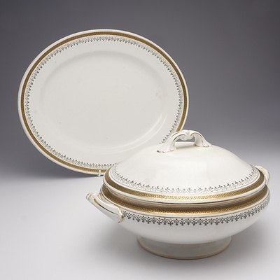 Wedgwood Tureen and Serving Platter with Gilt Classical Borders