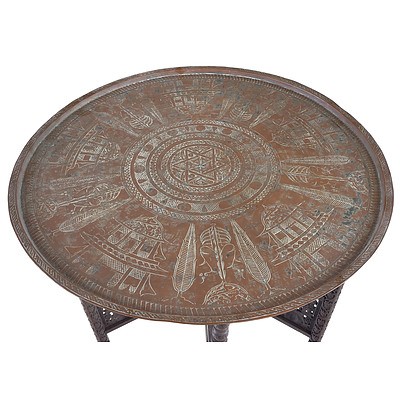 Large Indian Carved and Pierced Folding Table with Engraved Copper Top, Early 20th Century
