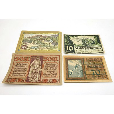 1920 Germany Bao Kudowa Fifty Pfennig, 1920 Fifty and Twenty Heller and a 1921 Germany Ten Pfennig Banknotes