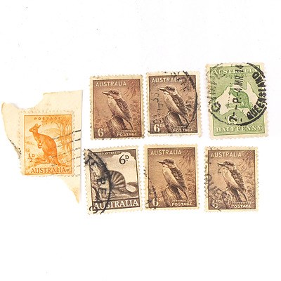 1913 Australia Half Penny, Four Australia Kookaburra 6d Stamps, One Australia Anteater 6d Stamp, and more