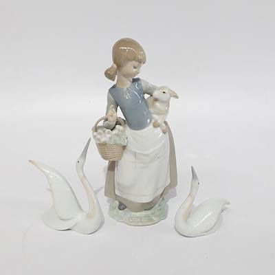 Lladro Girl With Lamb Figure Made in Spain and Two Saywell Cranes Made in Japan