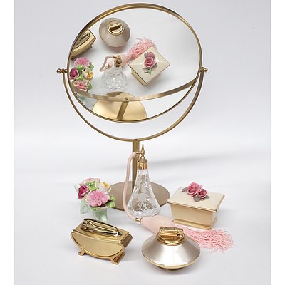 Ladies lot including Perfume Atomizer, Beauty Mirror, Table Lighters and Porcelain Flower Ornament