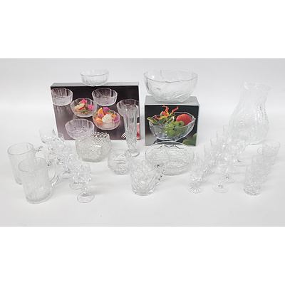 34 Pieces of Assorted Moulded, Cut and Cordial Glassware
