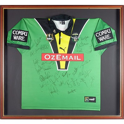 Guernsey Framed 2002 Signed Canberra Raider with 27 Signatures Including Alan Tongue, Laurie Daley and More