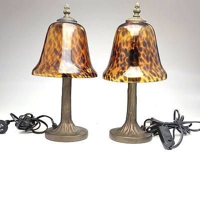 A Pair of Modern Art Deco Style Bedside Lamps, With Tortoise Shell Glass Shades