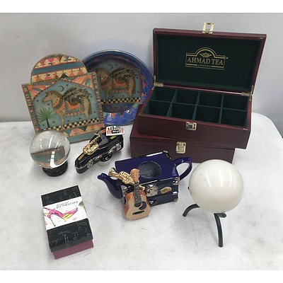 Group of Trinkets and Household Ornaments Including Two Ahmad of London Tea Boxes and a Peter's of Kensington Music Themed Teapot