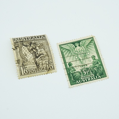 Australia 1'6 - Black Hermes and Globe Postage Stamp And Australia 5½d - Peace and Angel Stamp