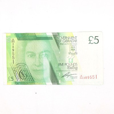 Five Pound Sterling Gibraltar Banknote - First Prefix