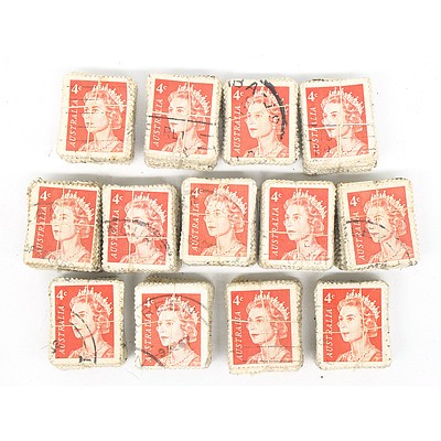 Thirteen Bundles of 1966 Australia Queen Elizabeth II four Cent Stamps