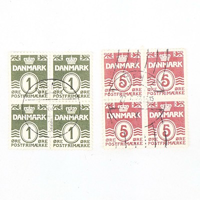 1920's Four Block Danmark One Ore Stamps