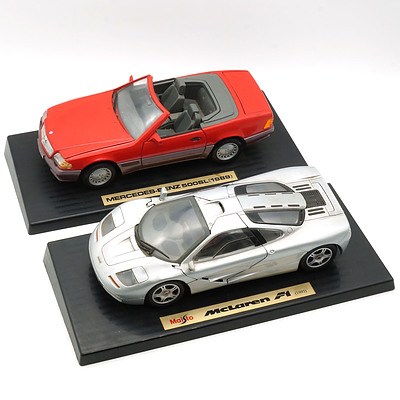 Maisto 1:18 Mclaren F1 1993 and a 1:18 Mercedes Benz 500sl 1989