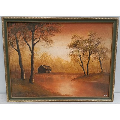 Framed River Scene Textured Oil on Board, Initialed AM