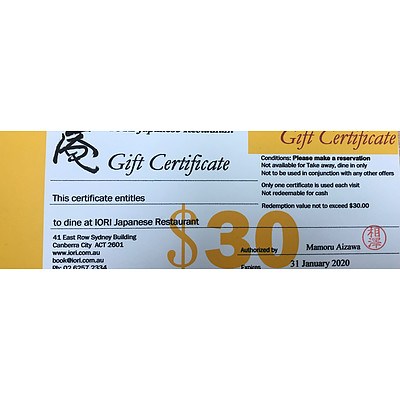 Iori Japanese Restaurant $30 Gift Certificate (Canberra)