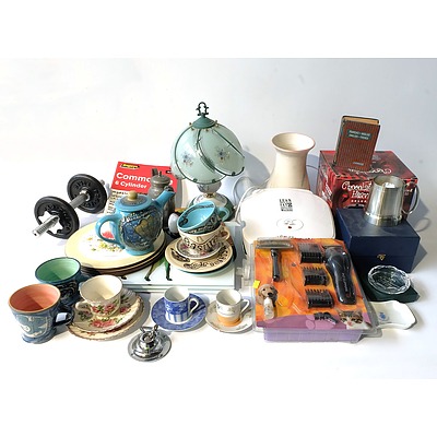 Large Group of Household Items Including GMC Leaf Blower, Boxed Scholl Massager, Assorted China, Tiffany Convection Oven and More