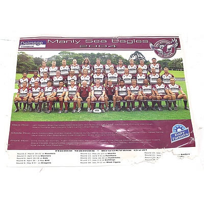 A Manly Sea Eagles NRL 2004 Small Paper Poster Signed by the 14 members of the Team