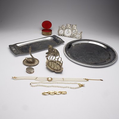 Quantity Ornamental Items Including Metal Cat Ornament, Margaret Rose Pill Box and More