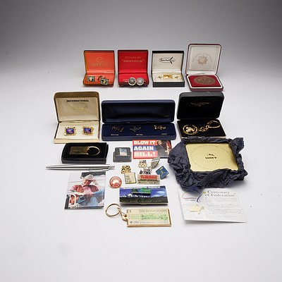 Gentleman's Lot Including Four Sets of Cuff Links, Quantity of Lapel Pins and Badges, Battle for Australia 1992 Commemorative Medallion and More