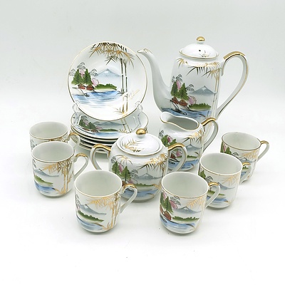 Hand Painted Japanese Tea Setting with Jug, Sugar Bowl, Creamer and Six Cups and Saucers