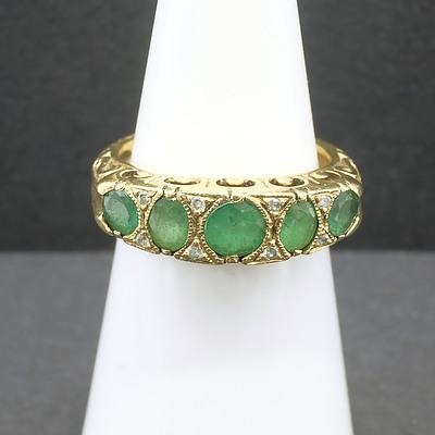 9ct Gold Ring with Green Emeralds and Diamonds