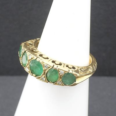 9ct Gold Ring with Green Emeralds and Diamonds
