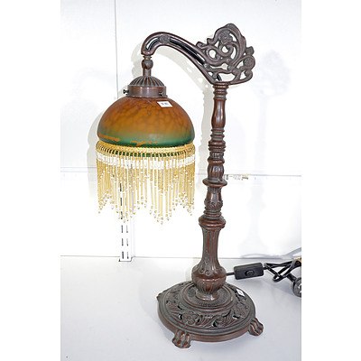 Antique Style Bronzed Metal Table Lamp with Glass Shade and Beads