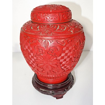 Chinese Cinnabar Jar and Stand