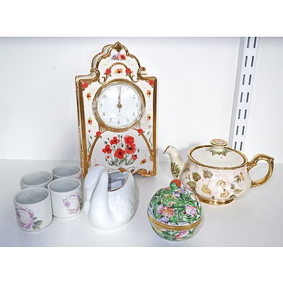 Herend Reticulated Porcelain Potpourri, Doulton Eggcups, KPM Swan and Bradex Porcelain Clock