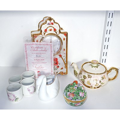 Herend Reticulated Porcelain Potpourri, Doulton Eggcups, KPM Swan and Bradex Porcelain Clock