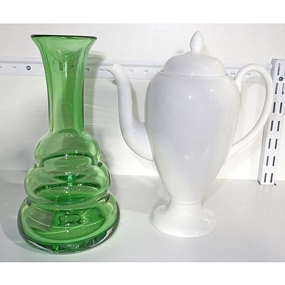 Wedgewood Porcelain Coffee Pot and a Hand Blown Green Glass Vase