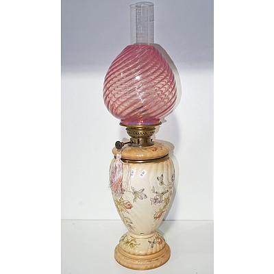 Impressive Antique Royal Bonn Oil Lamp with Cranberry Glass Shade and Veritas Burner