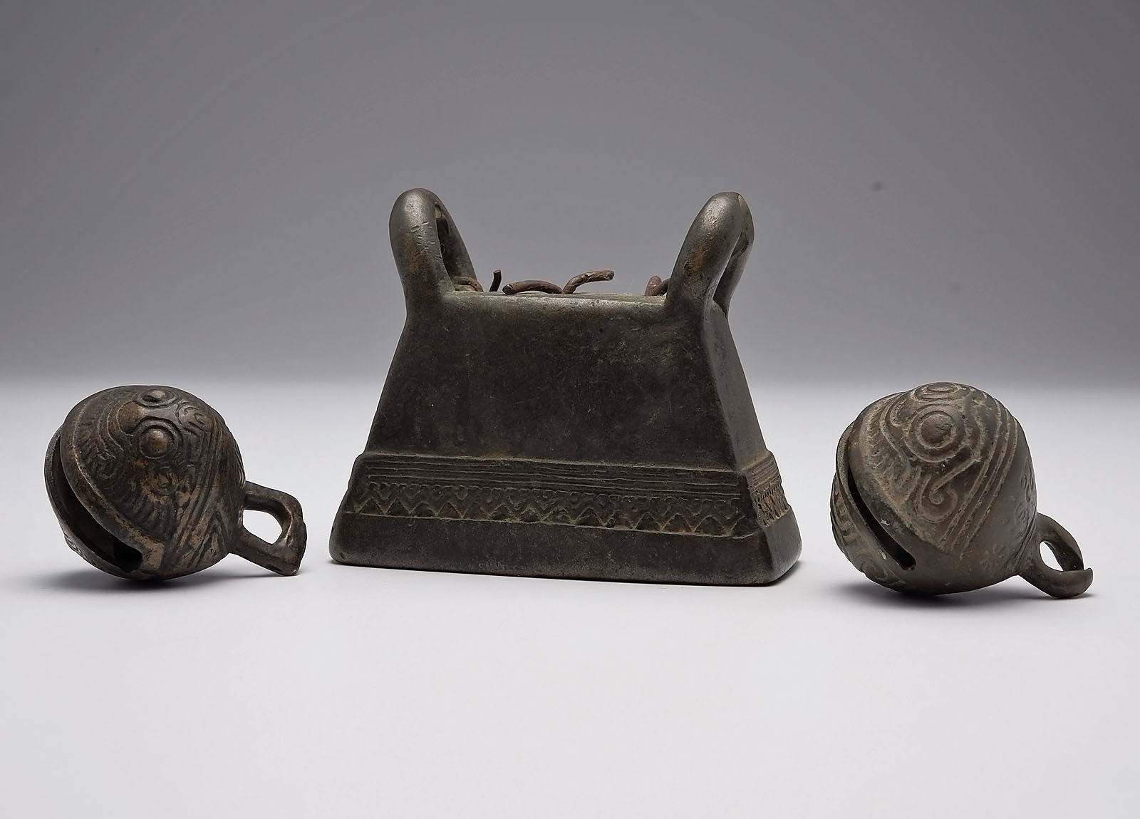 'Burmese Bronze Buffalo Bell (Hka-Lauk) and Two Small Yunnan South Chinese Bronze Elephant Bells, All 19th Century'