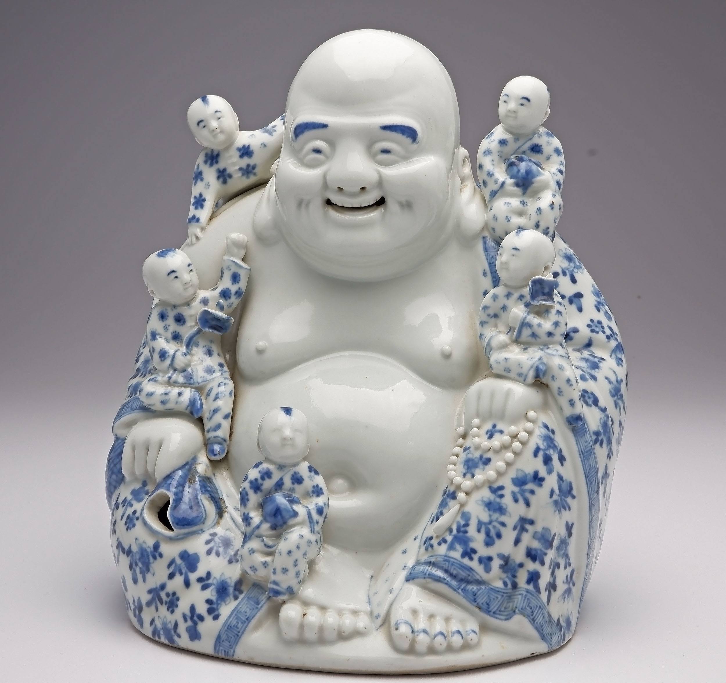 'Rare Chinese Blue and White Buddha Budai with Five Boys, Wei Hong Tai Mark, Republic Period'