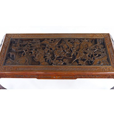 Vintage Heavily Carved Chinese Teak Coffee Table (Kang) with Glass Top