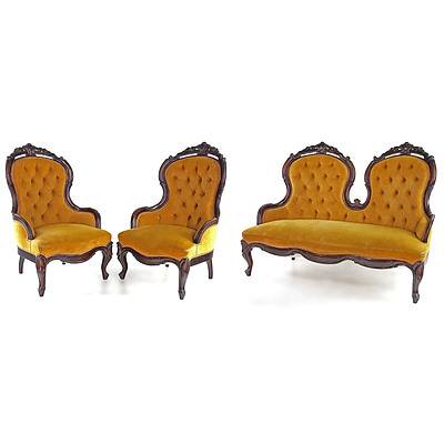 Late Victorian Mahogany Salon Suite Comprising a Pair of Armchairs and a Double Spoon Back Sofa Circa 1880