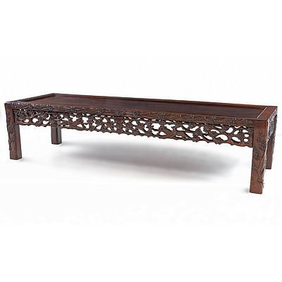 Large Chinese Carved Rosewood Long Low Table with Carved Floral Motif, Mid to Later 20th Century