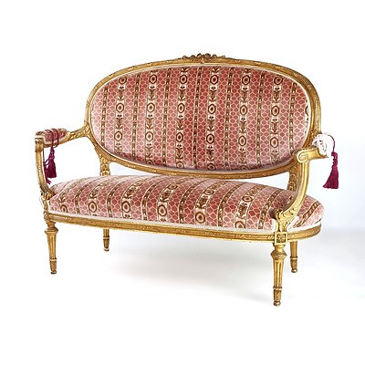 Good Louis XVI Style Finely Carved and Moulded Giltwood Canape with Cut Velvet Upholstery, Late 19th/Early 20th Century