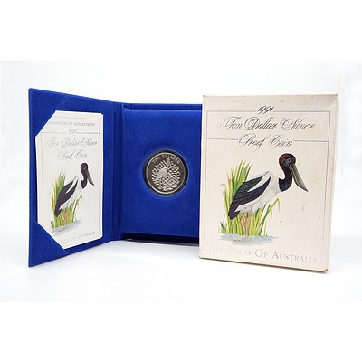 1991 Bird of Australia, Jabiru $10 Silver Proof Coin