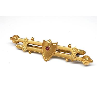 Antique Australian 9ct Yellow Double Bar Brooch With Shield Plate at Centre and Red Gem