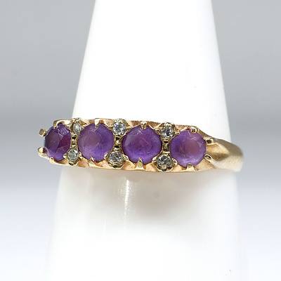 9ct Yellow Gold Ring with Four Pale Amethyst and Six Single Cut Diamonds