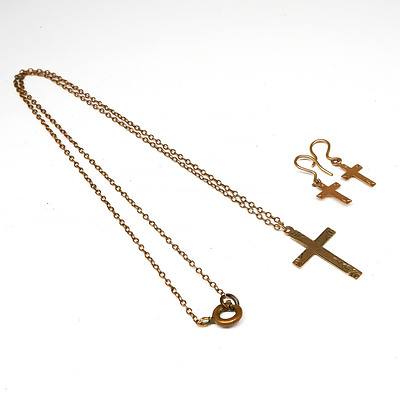 9ct Yellow Gold Cross and Chain with Matching 10ct Yellow Gold Earrings
