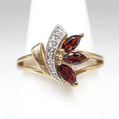 9ct Yellow Gold Ring with Three Marquise Garnets and a Small Single Cut Diamond with Matching Stud Earrings