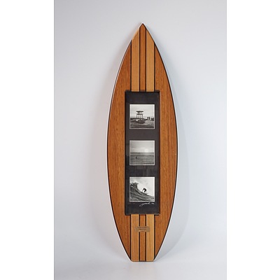 Three Photographs of Cronulla in a Framed Presentation in the Shape of a Surfboard