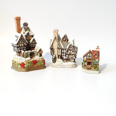 Three David Winter Miniature English Cottages, Including Scrooges School, Gardeners Cottage and More