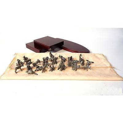 26 Pewter Miniture Animals and Figurines by Selangor Pewter and Three Wooden Display Stands